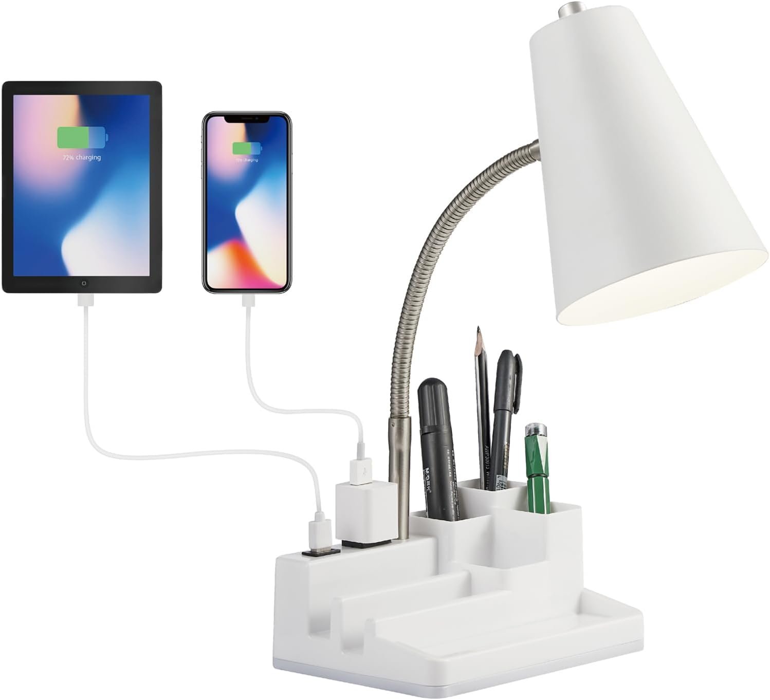 HonoDing white E26 desk lamp with USB charging port, AC outlet, and organizer base