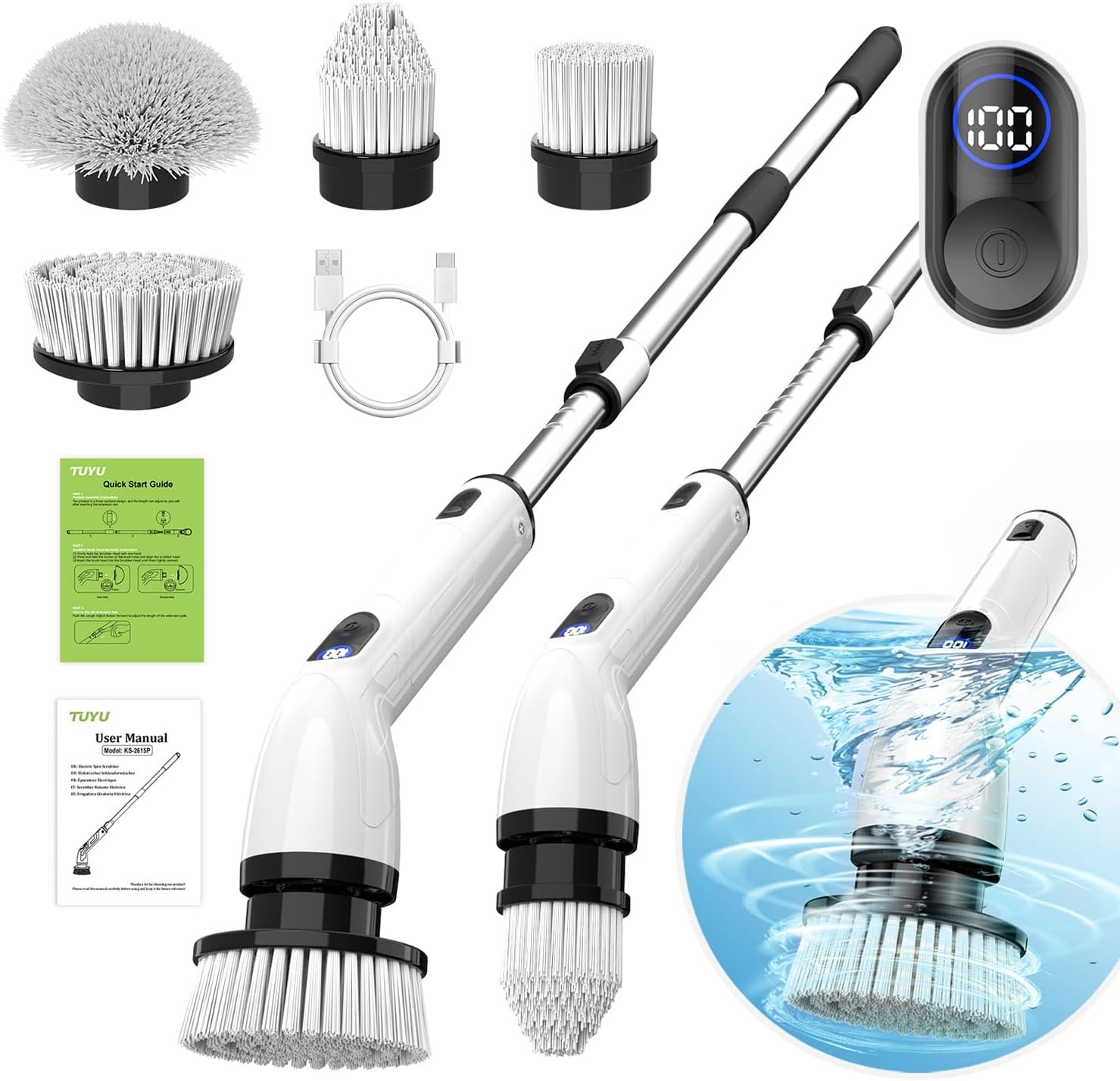 TUYU electric spin scrubber cordless bathroom cleaning brush with extension handle and brush heads