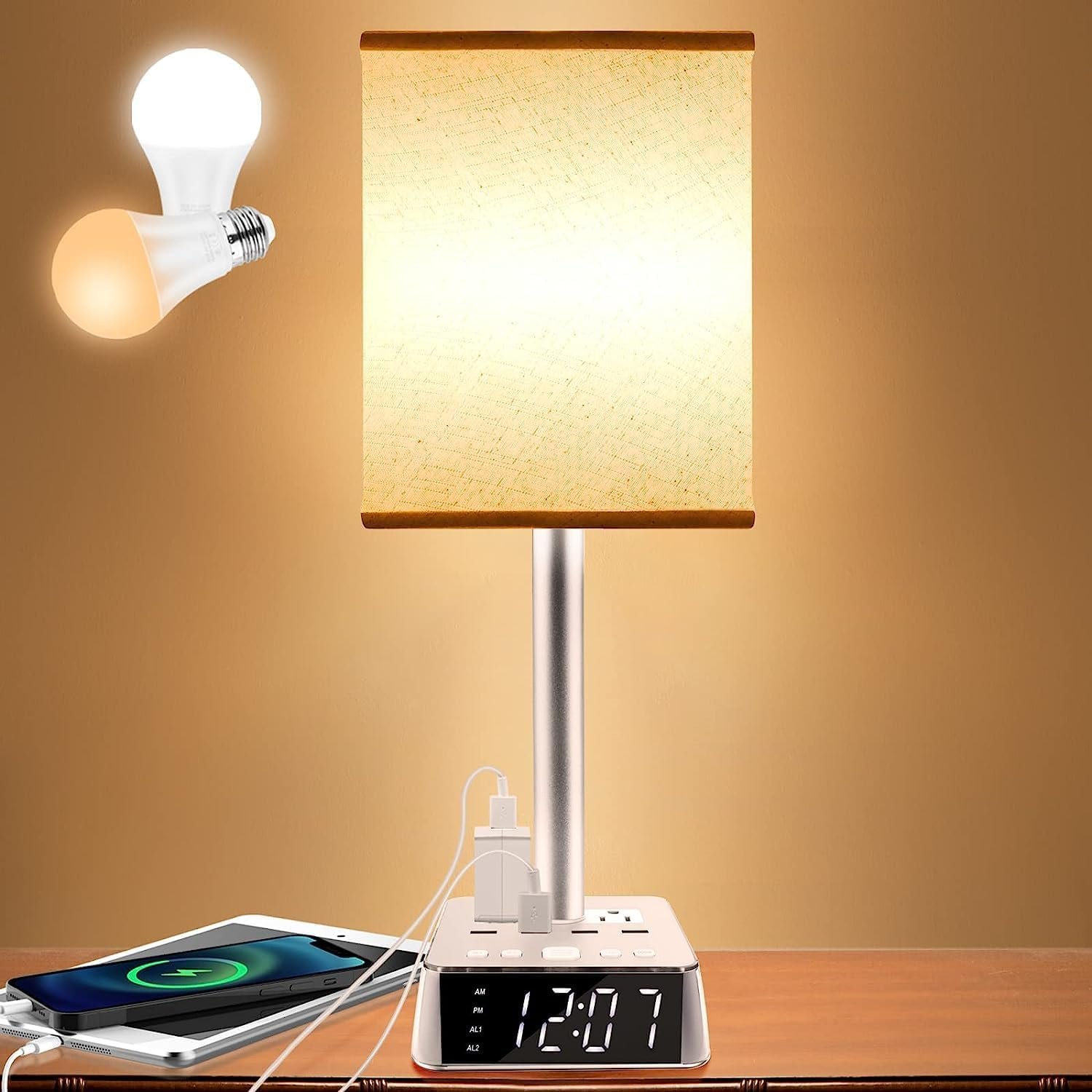 Yostyle oatmeal fabric bedside table lamp with USB-C USB-A ports and AC outlets