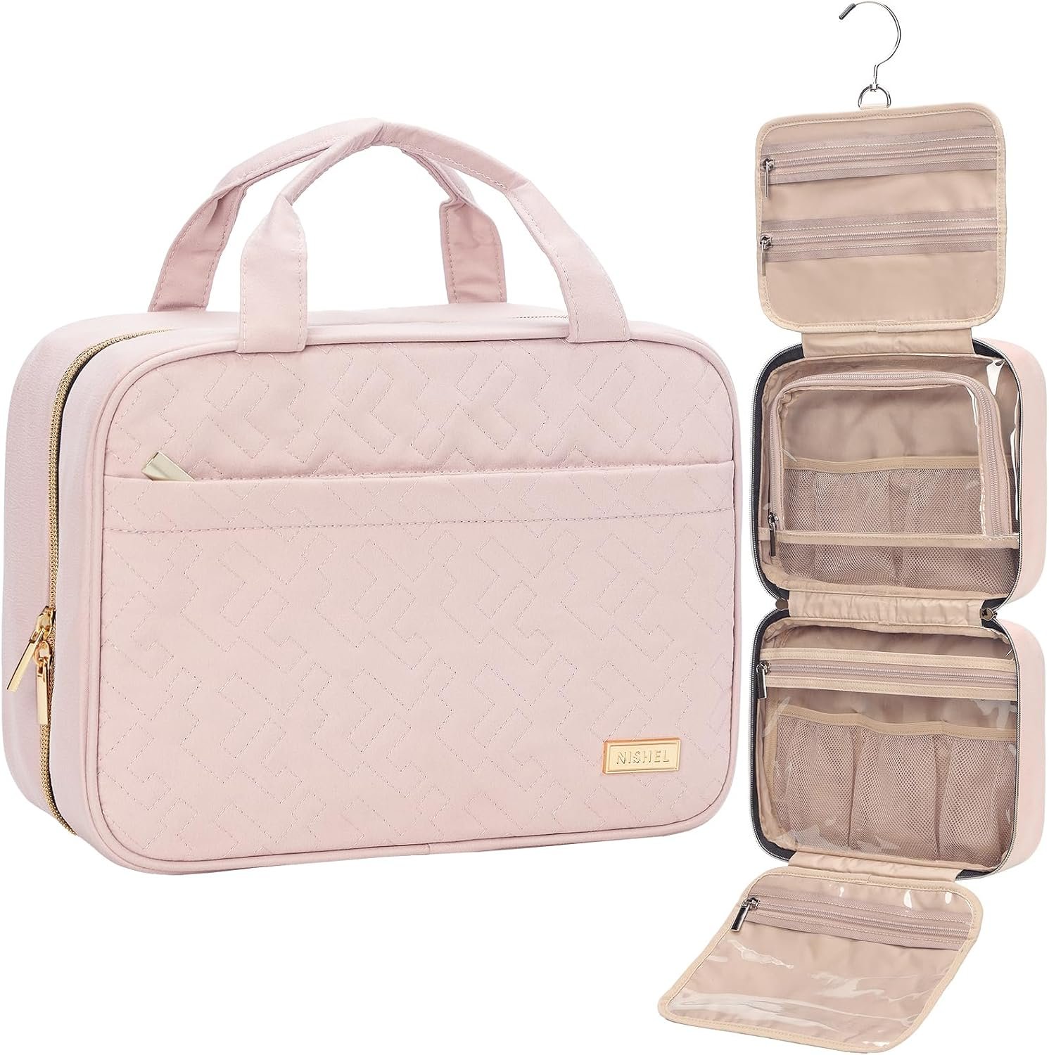 NISHEL pink medium hanging travel toiletry bag makeup organizer for women