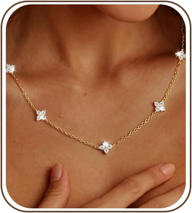 POAIIU 14K gold plated clover station choker necklace with cubic zirconia four-leaf clovers
