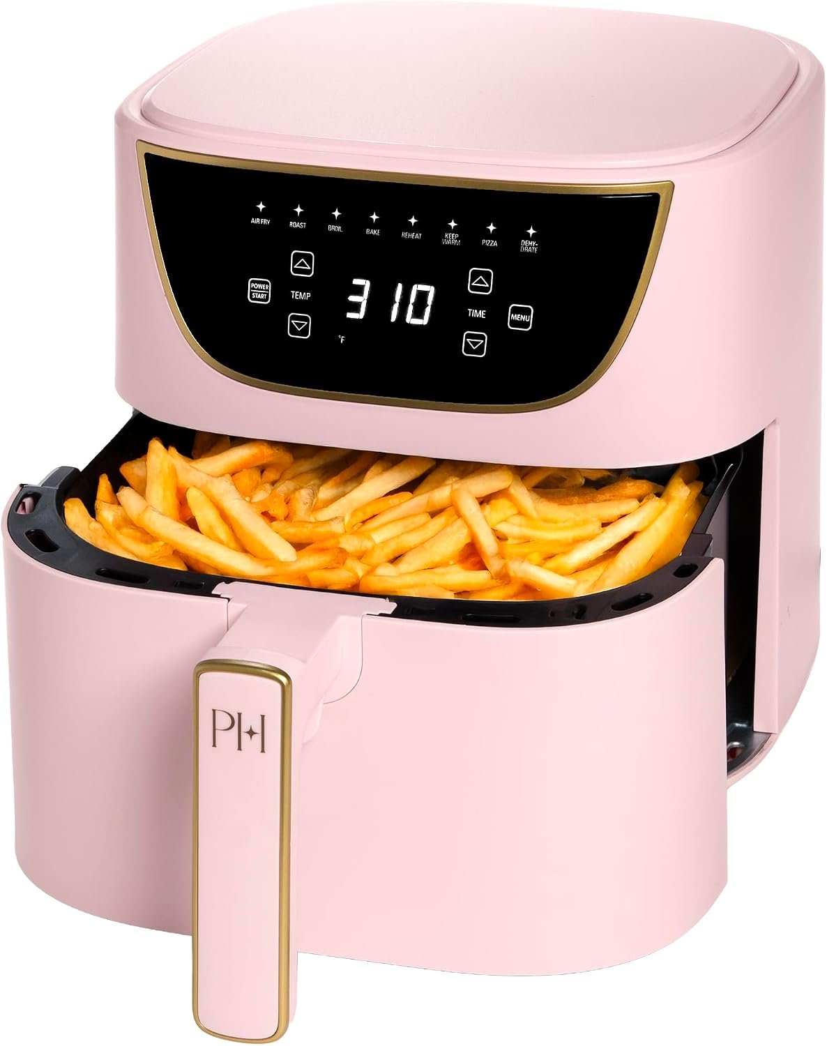 Paris Hilton 6-quart pink air fryer with gold accents touchscreen 8-in-1