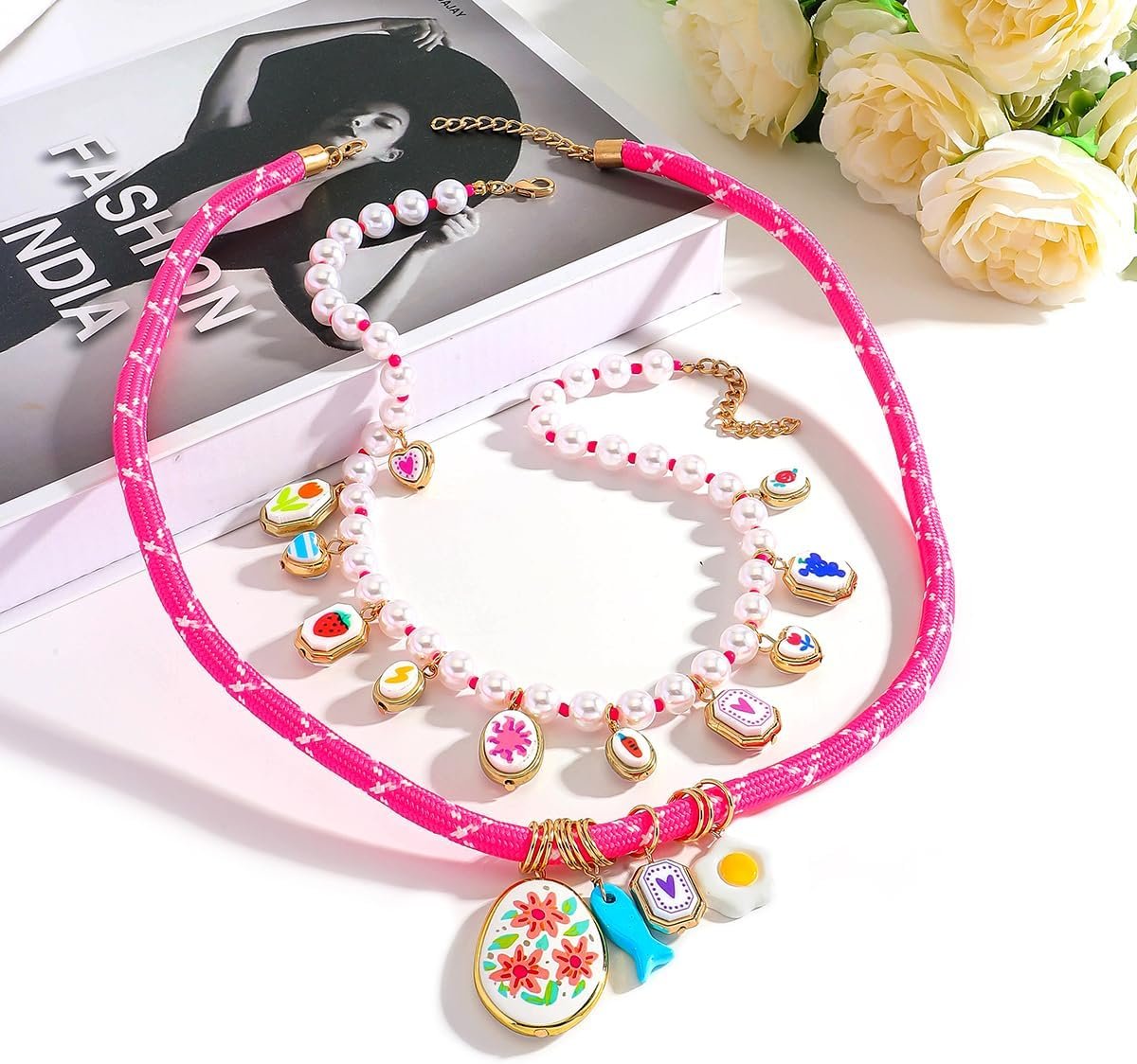 Hellodr Pink Rope Pearl Charm Necklace Review (Layered Summer Jewelry)