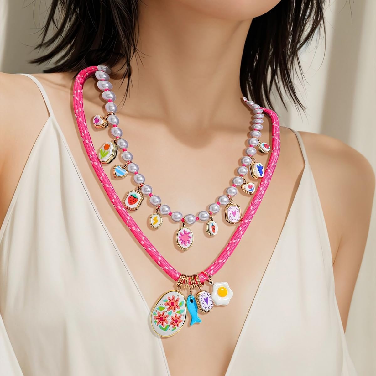 Hellodr Pink Rope Pearl Charm Necklace Review (Layered Summer Jewelry)