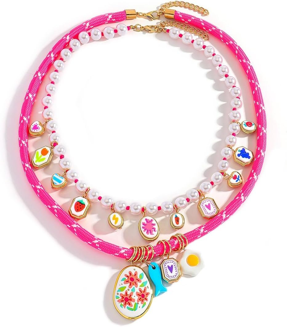 Hellodr pink rope double layer faux pearl enamel charm necklace for women summer jewelry
