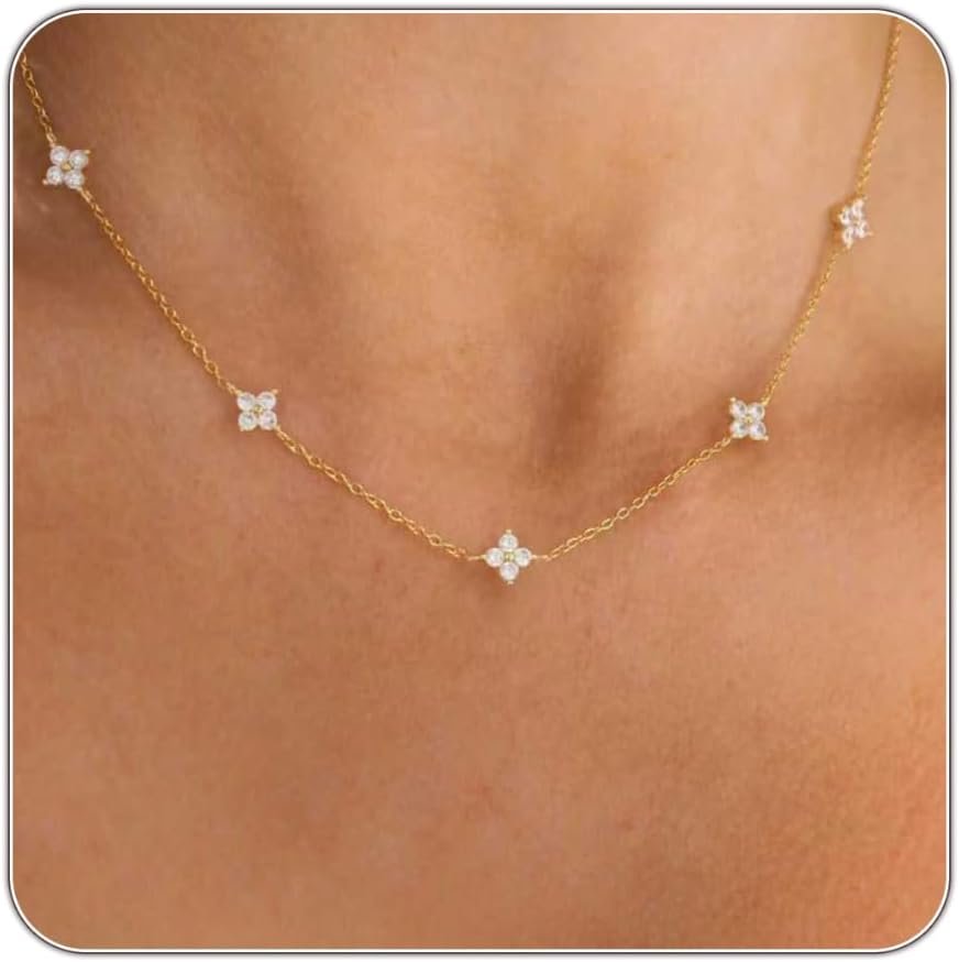 CUEZIY 14K gold plated dainty CZ flower station choker necklace for women