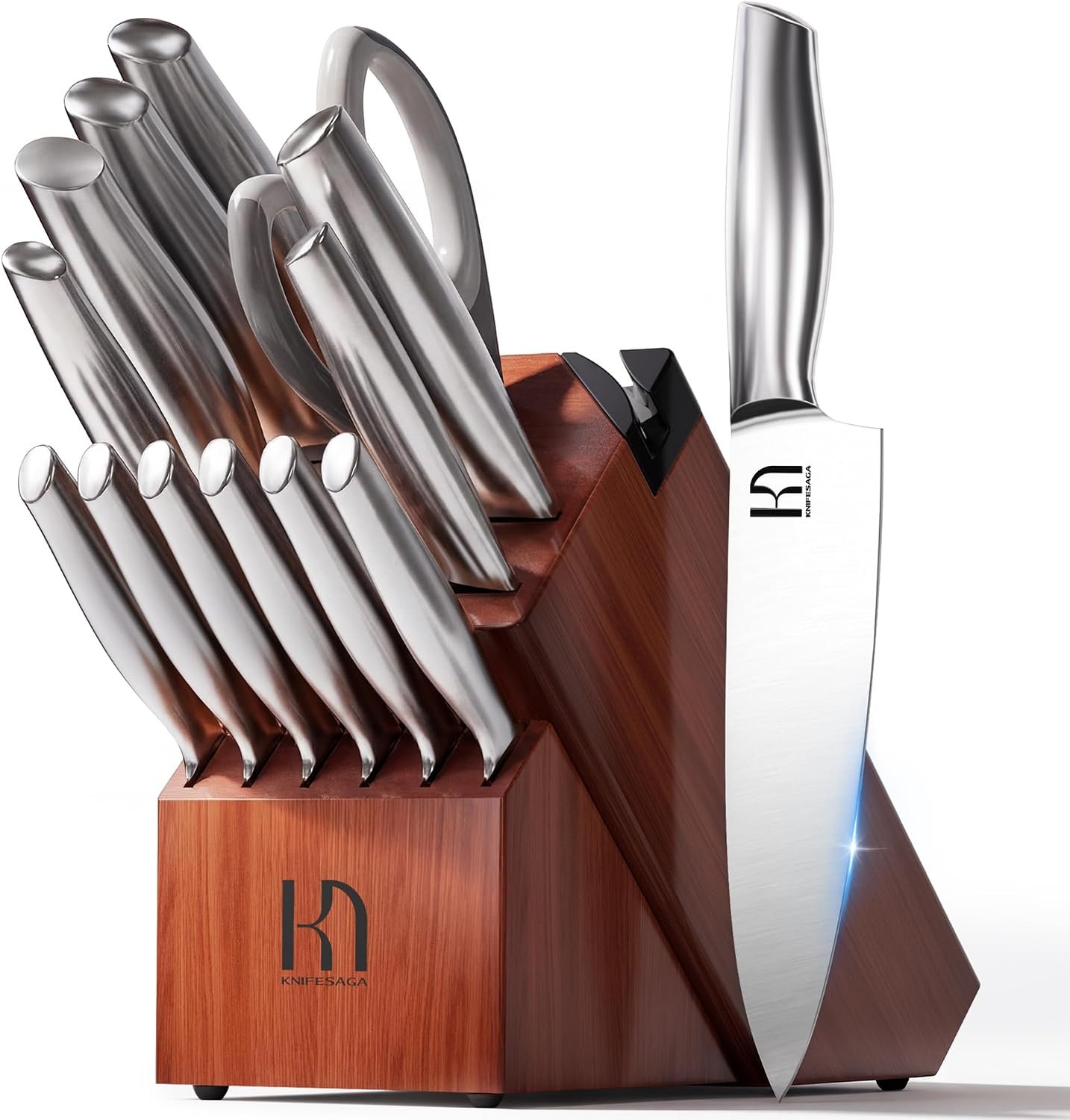 KnifeSaga 14-piece kitchen knife set with acacia wood block built-in sharpener and steak knives