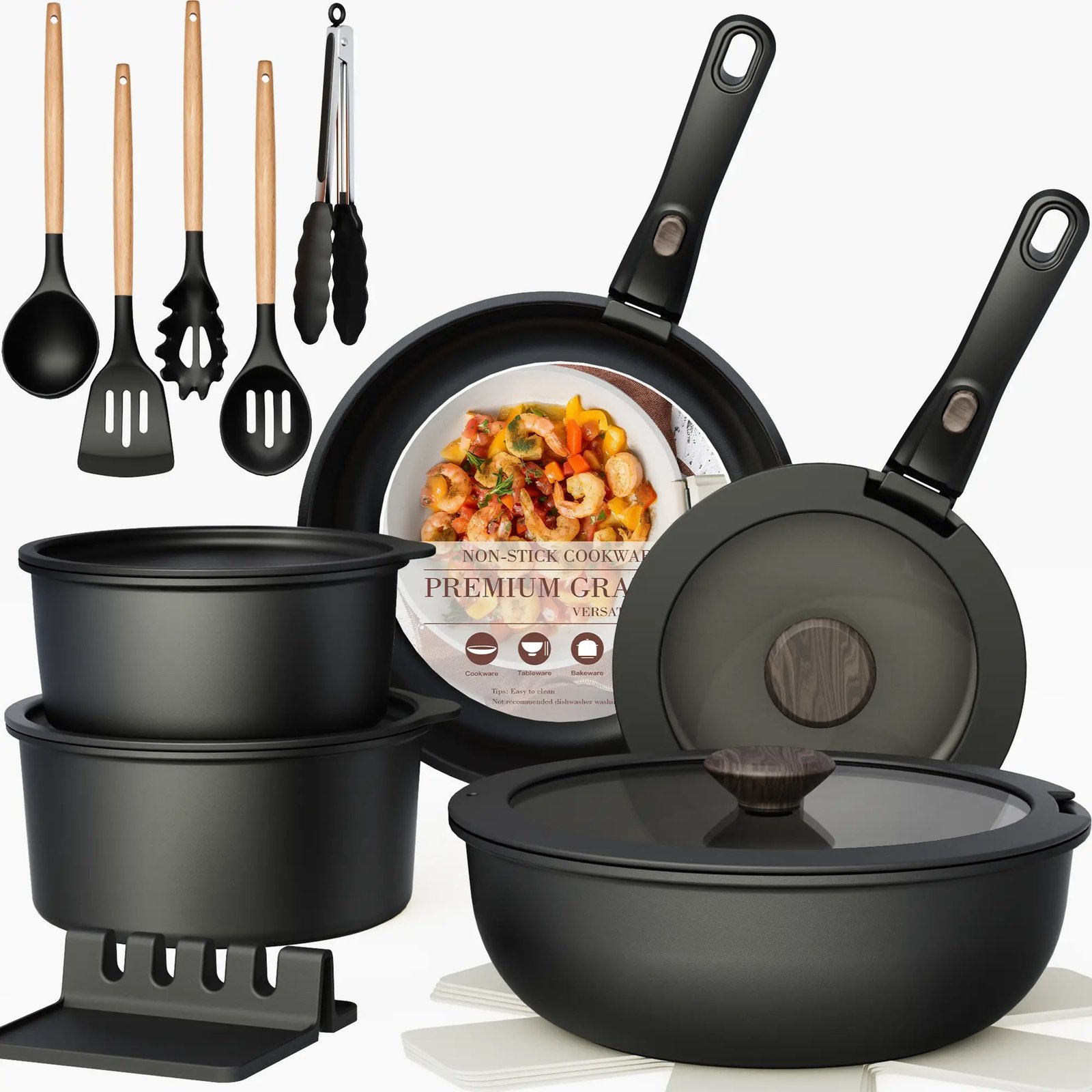 Astercook 21-piece black ceramic nonstick cookware set with detachable handles lids and utensils